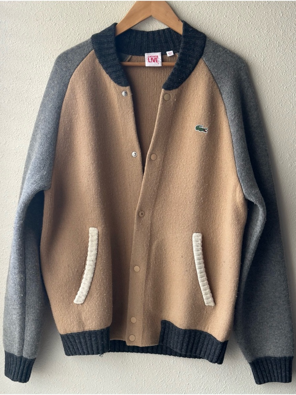 Lacoste L!VE Wool Varsity Men’s Cardigan Jacket - Tan & Gray